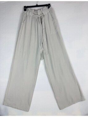 IWollence Women’s L Beige Wide Leg Paperbag Pants Tie Waist Casual Boho
